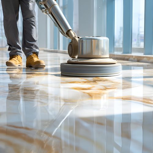 Cleaning service worker is polishing marble floor with a machine in modern office building with large windows, making it shiny and reflective